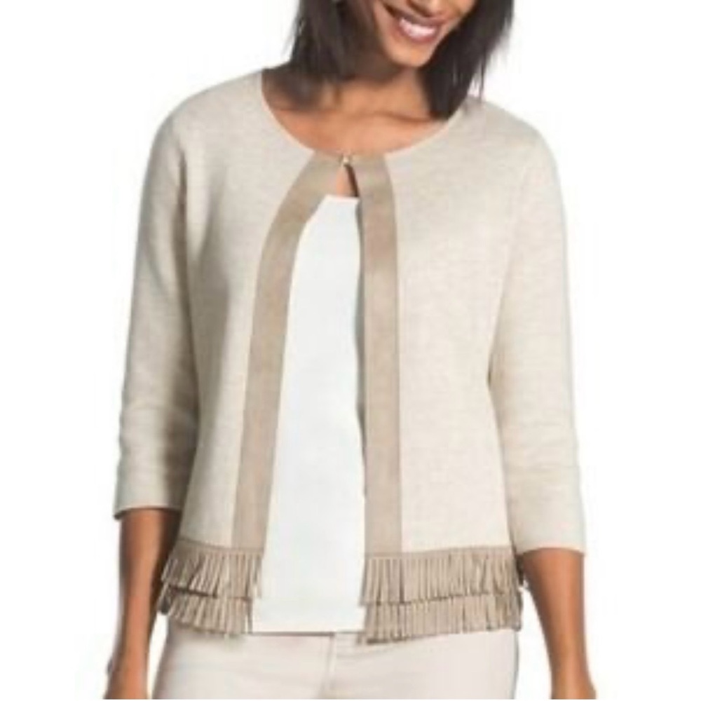 Chicos beige 3/4 sleeve faux suede fringe hem knit cardigan